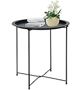 Garden 4 you Folding Tray Metal Side Table Round End Table, Black Sofa Small Accent Fold-able Tab...