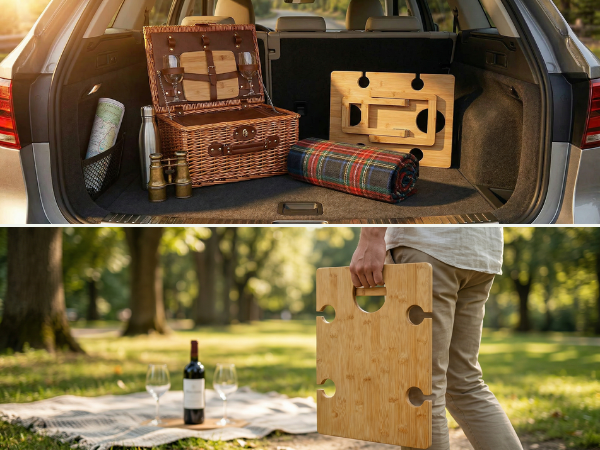 folded bamboo wine picnic table placed in a car trunk and being carried in one hand
