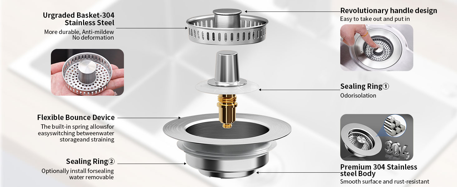 3 in 1 Kitchen Sink Drain Strainer Stopper Stainless Steel Drainage Odor Filter Sink Plug