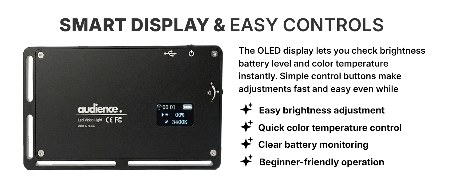 Smart OLED display adjustable brightness color temperature LED video light easy controls