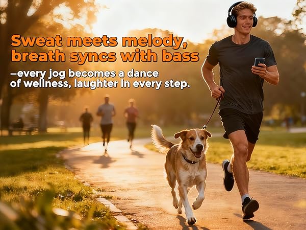 Man jogging with headphones and an MP3 player, running alongside a happy dog in the park.