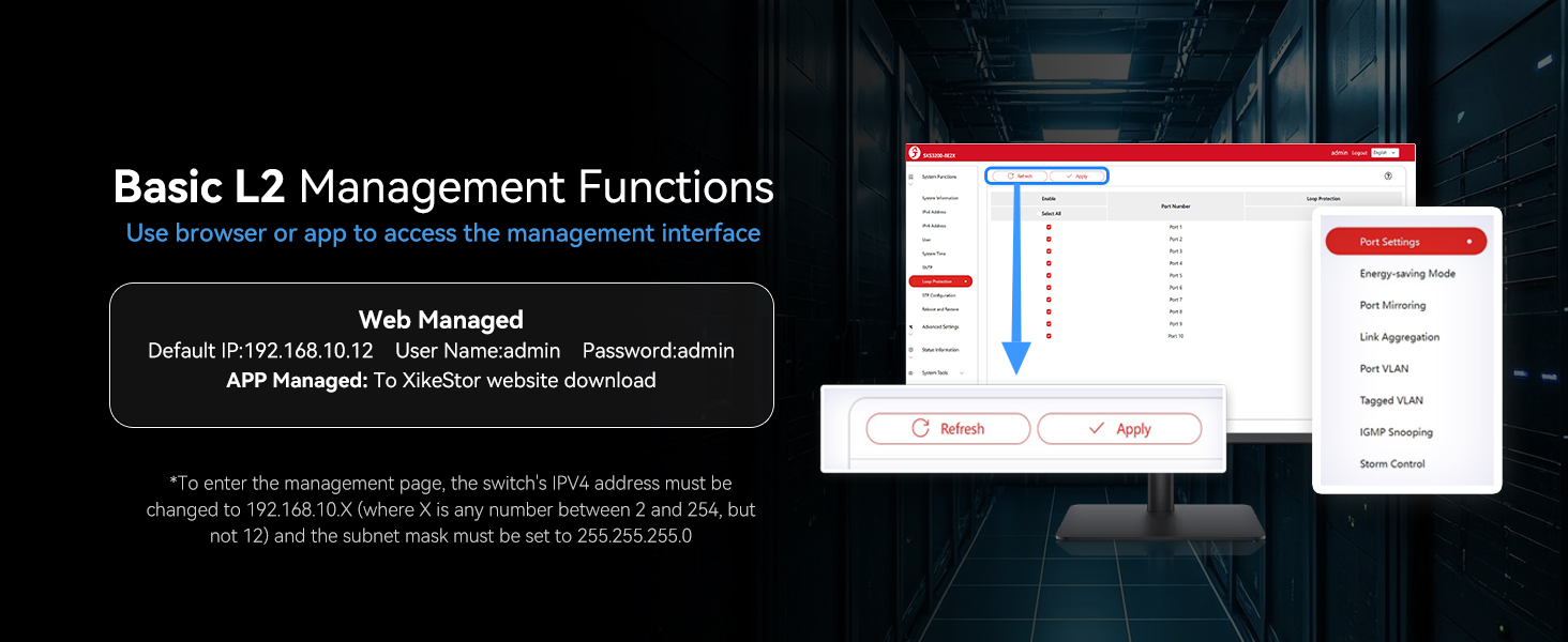 Text reads 'Basic L2 Management Functions'. Series of dark-themed software interface screenshots showing management system layouts and configurations.