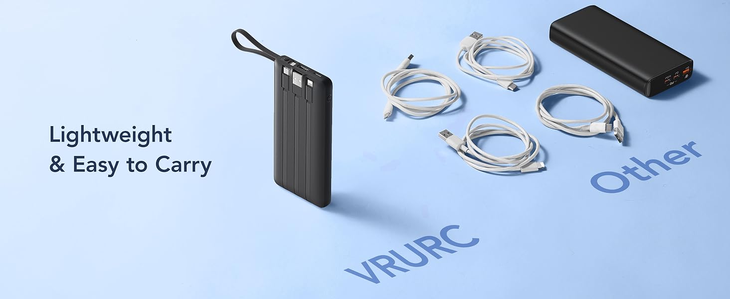 Product display showing black electronic device labeled 'Lightweight &amp; Easy to Carry' alongside multiple cable accessories on light blue background.