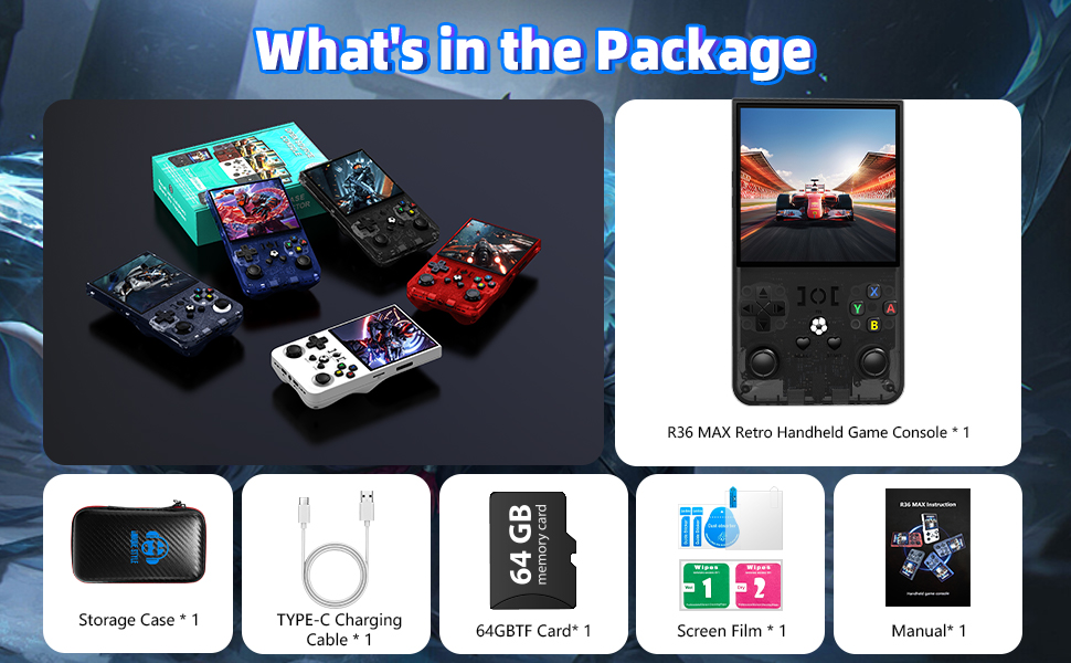 Text reads 'What's in the Package'. Product bundle showing handheld game console in multiple colors, storage case, USB charging cable, 64GB card, screen protector, and manual.
