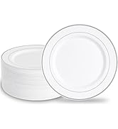N9R 100PCS Silver Plastic Plates, 10.25 inch White Disposable Dinner Plate with Silver Rim, Heavy...