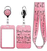 Positive Quote Pink ID Badge Holder Lanyard for ID Badges Retractable Badge Reel with ID Holder C...