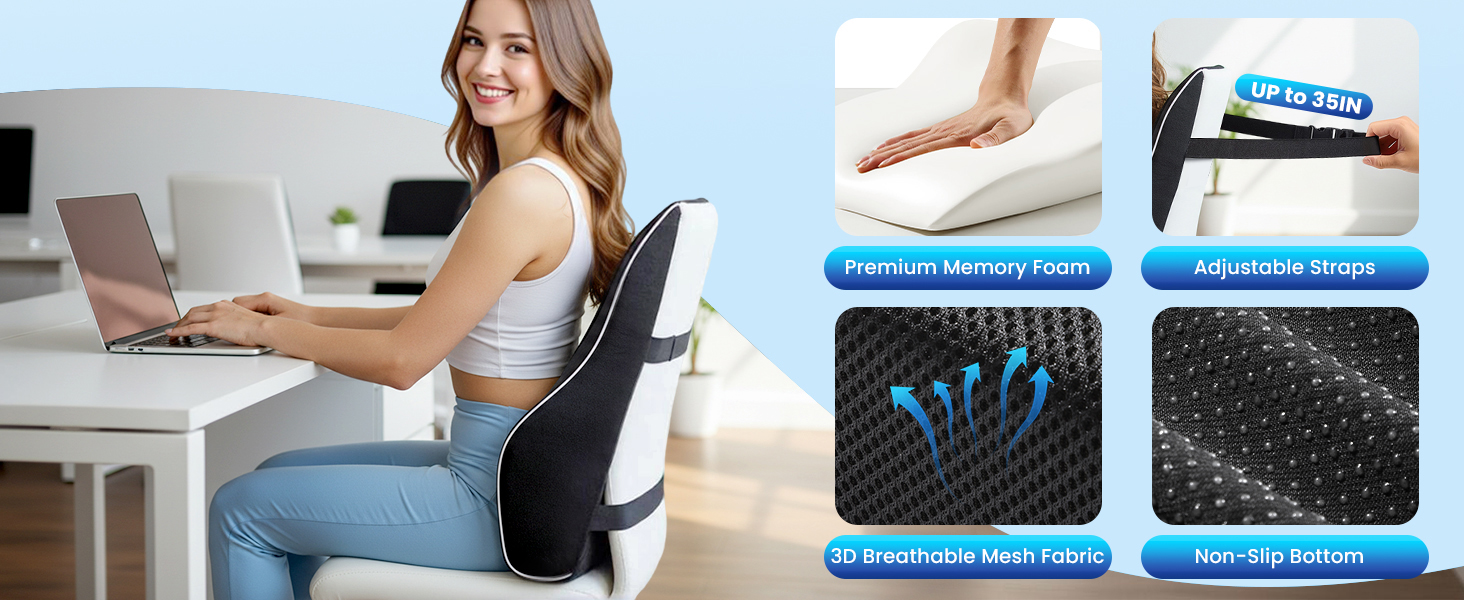 Ergonomic office chair demonstration with pressure-relief features shown in side panels displaying airflow patterns and mesh material structure.