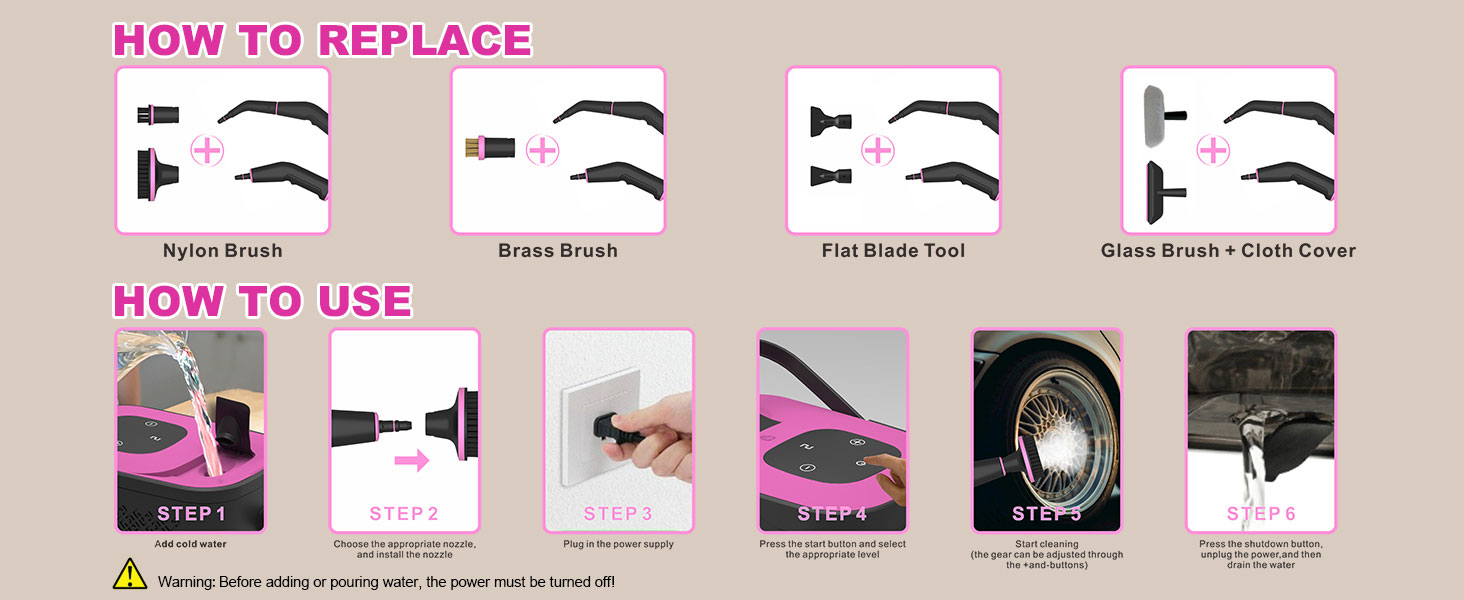 how to replace the attachment, how to use the mini steam cleaner