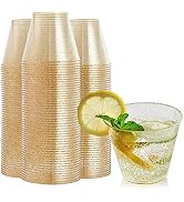 FOCUSLINE 100 Pack Gold Glitter Plastic Cups 9 oz Clear Plastic Cups Tumblers, Fancy Disposable H...