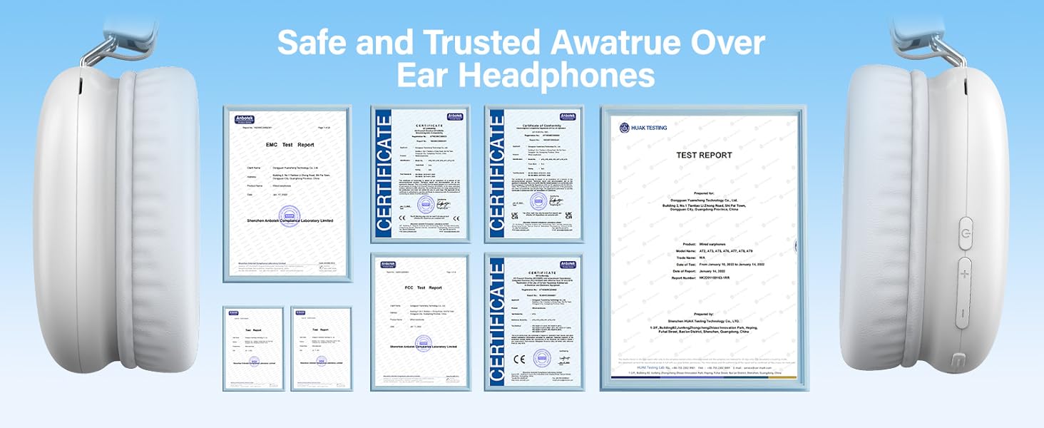 White over-ear headphones displayed with certification documents, suggesting safety and trust. Multiple official-looking papers are shown alongside the product.