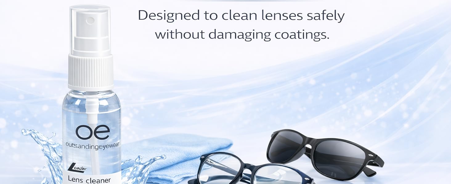 Outstanding Eyewear 2oz lens cleaner with eyeglasses and microfiber cloth for streak-free cleaning