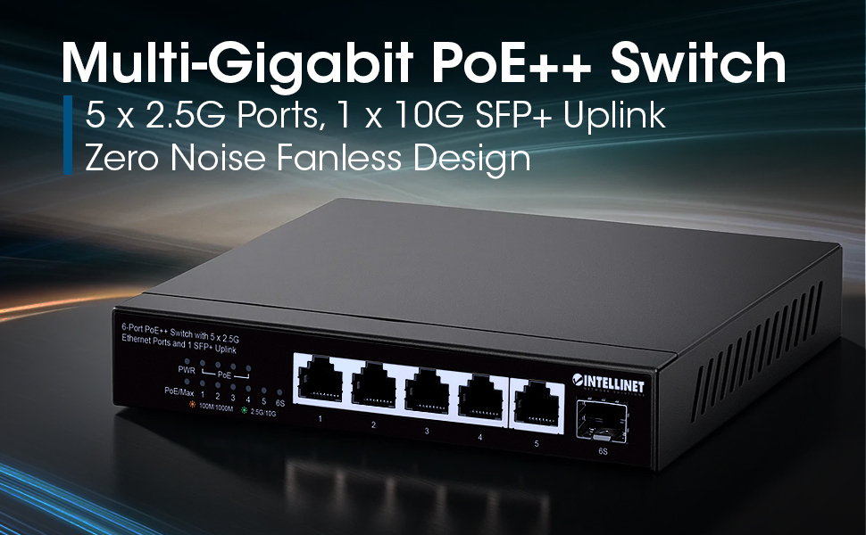 6-Port PoE++ Switch with 5 x 2.5G Ethernet Ports and 1 SFP+ Uplink