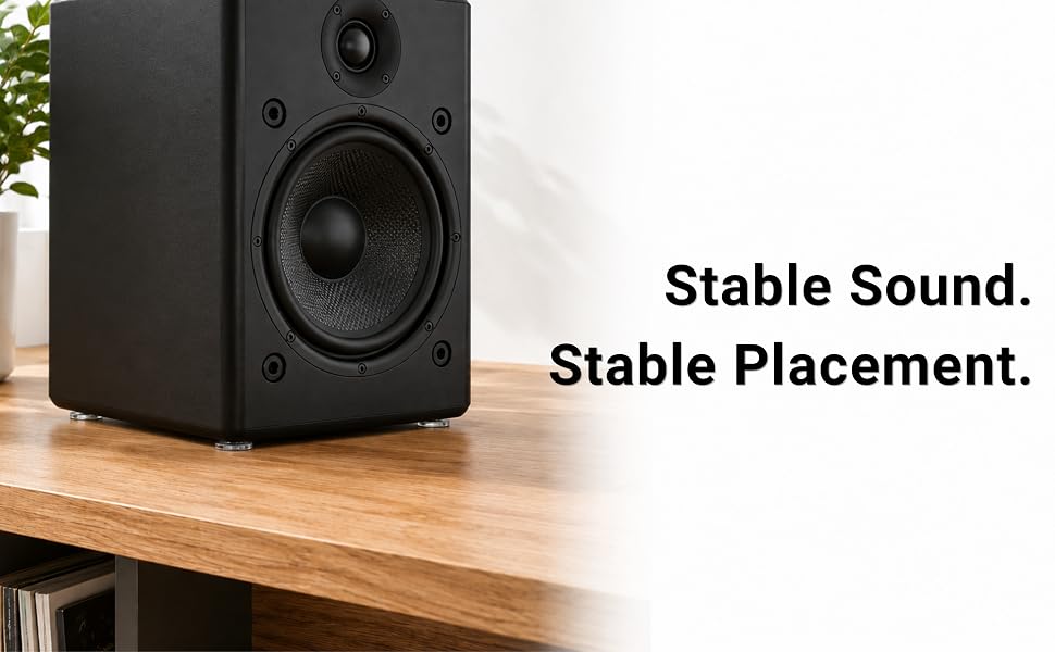 Non-slip adhesive rubber feet under speaker help reduce vibration and keep audio equipment stable