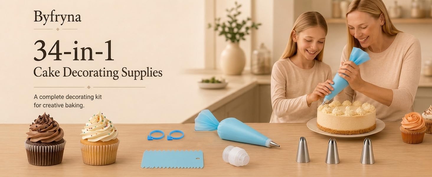 Byfryna 34-in-1 cake decorating kit with piping bags, tips and cupcakes
