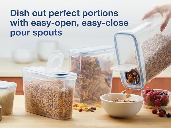 Perfect portions with easy-open, easy-close pour spouts
