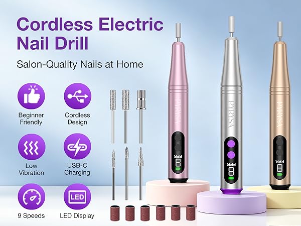 PYRYSA Salon-Quality Electric Nail Drill File Cordless Beginner Friendly Manicure Pedicure Tool Kit