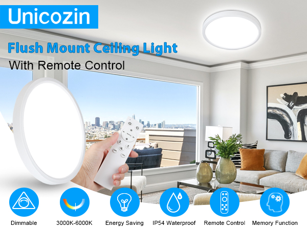 Unicozin Dimmable Ceiling Light with Remote Control, 8.7Inch 18W 3000K-6000K Light Color Adjustable