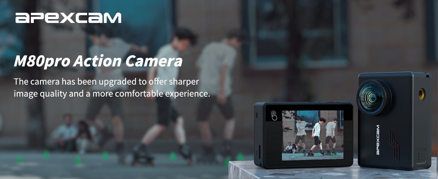 Apexcam M80pro Action Camera with touchscreen display and large lens, shown next to sample footage on screen. Compact black design for capturing high-quality action shots.