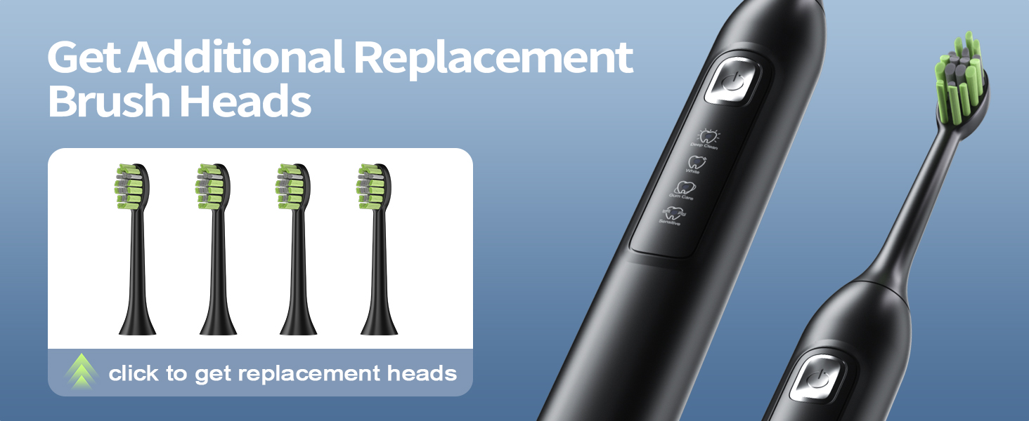 Text reads 'Get Additional Replacement Brush Heads'. Advertisement shows black electric toothbrush with green brush head, alongside panel showing four replacement heads. Click to get replacement heads indicated.