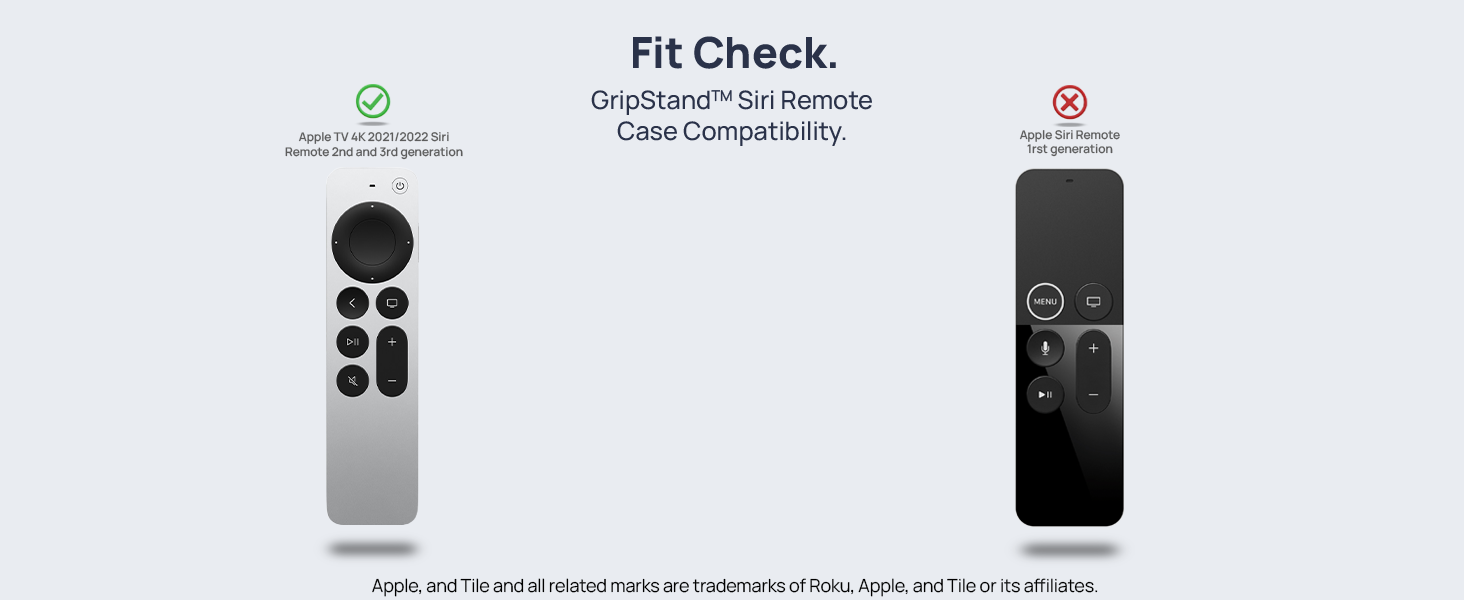 Compatibility chart showing GripStand fits 2nd/3rd gen Siri Remotes, not 1st gen