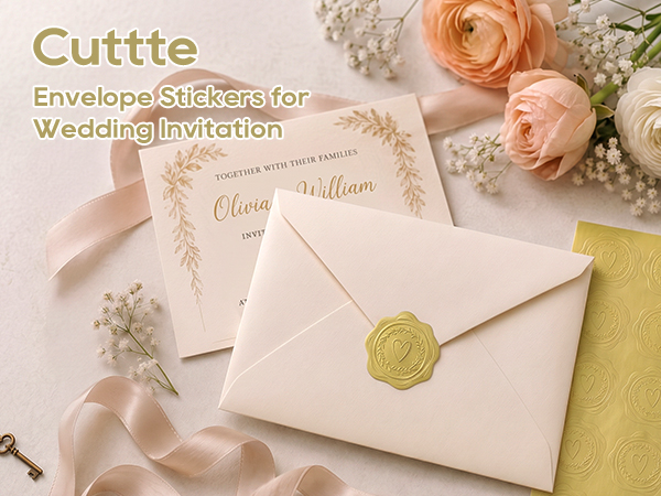 Gold Embossed Heart Envelope Stickers for Wedding Invitation