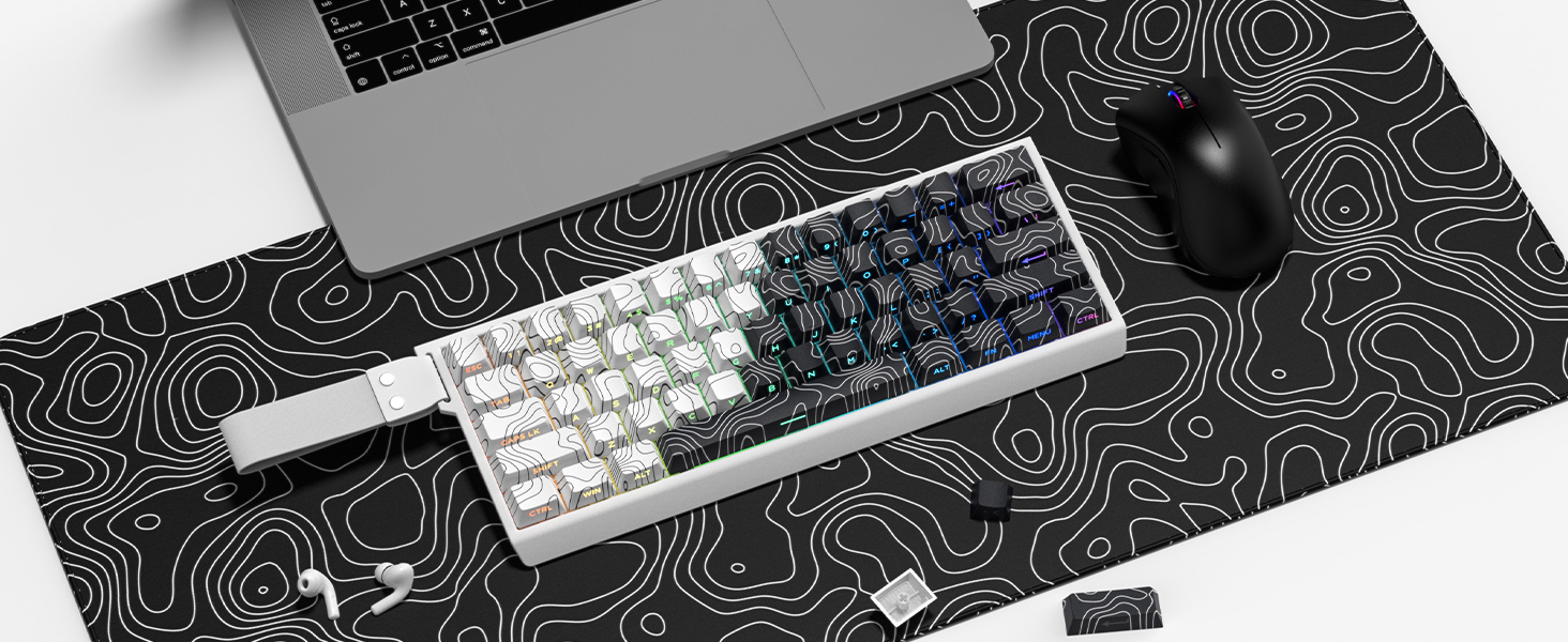 womier PBT keycap,White/Black Topographic keycaps 60 75 Percent,Shine Through keycaps,Side Print