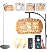 DRAWNCAT Boho Rattan Floor Lamp with Shade - 12W Bright LED Bulb, Adjustable Height 48-60 Inch, R...