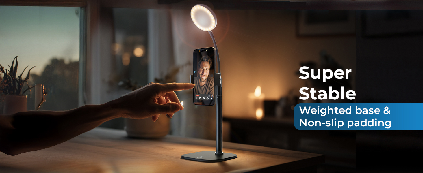 Stable ring light for iPhone, weighted base desk ring light and secure ring light for filming.