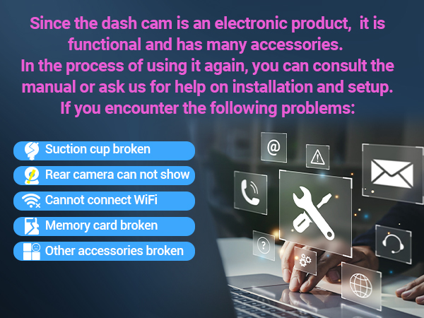 Dashboard display showing troubleshooting menu for dash cam issues, with icons for common problems like broken suction cup, camera display, WiFi connection, and memory card problems.