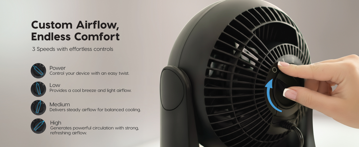 RIS USA WOOZOO Desk Fan, Air Circulator, 3 Speeds, 52ft Max Air Distance, 360° Adjustable Tilt