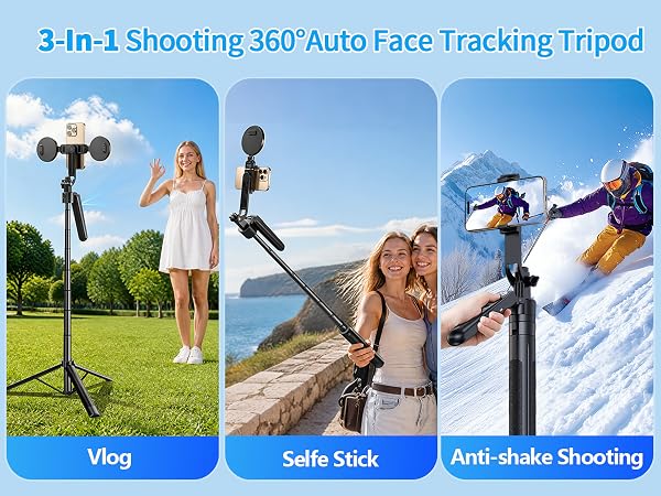 Text reads: '3-In-1 Shooting 360 Auto Face Tracking Tripod', 'Vlog', 'Selfie Stick', 'Anti-shake Shooting'. Three outdoor usage photos showing tripod for video, selfie, and handheld stabilization applications.