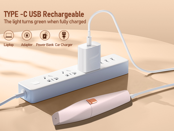Text reads 'TYPE-C USB Rechargeable'. White USB power strip or charging station with multiple ports shown on beige surface.