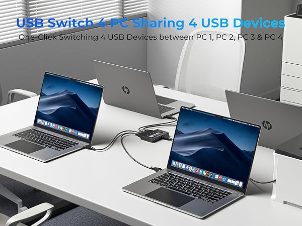 This usb switch supports 4 computers to share 3 USB A ports and 1 USB C port