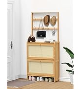 Bamboo Shoe Cabinet Rattan with Hanging Rack Narrow Shoe Rack Wood Freestanding Shoe organizer wi...