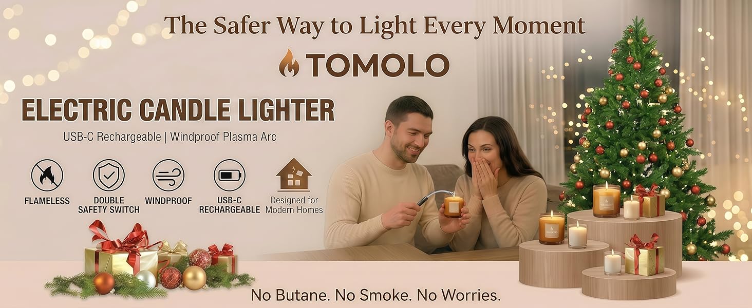 TOMOLO electric candle lighter with USB-C rechargeable plasma arc, flameless and windproof.