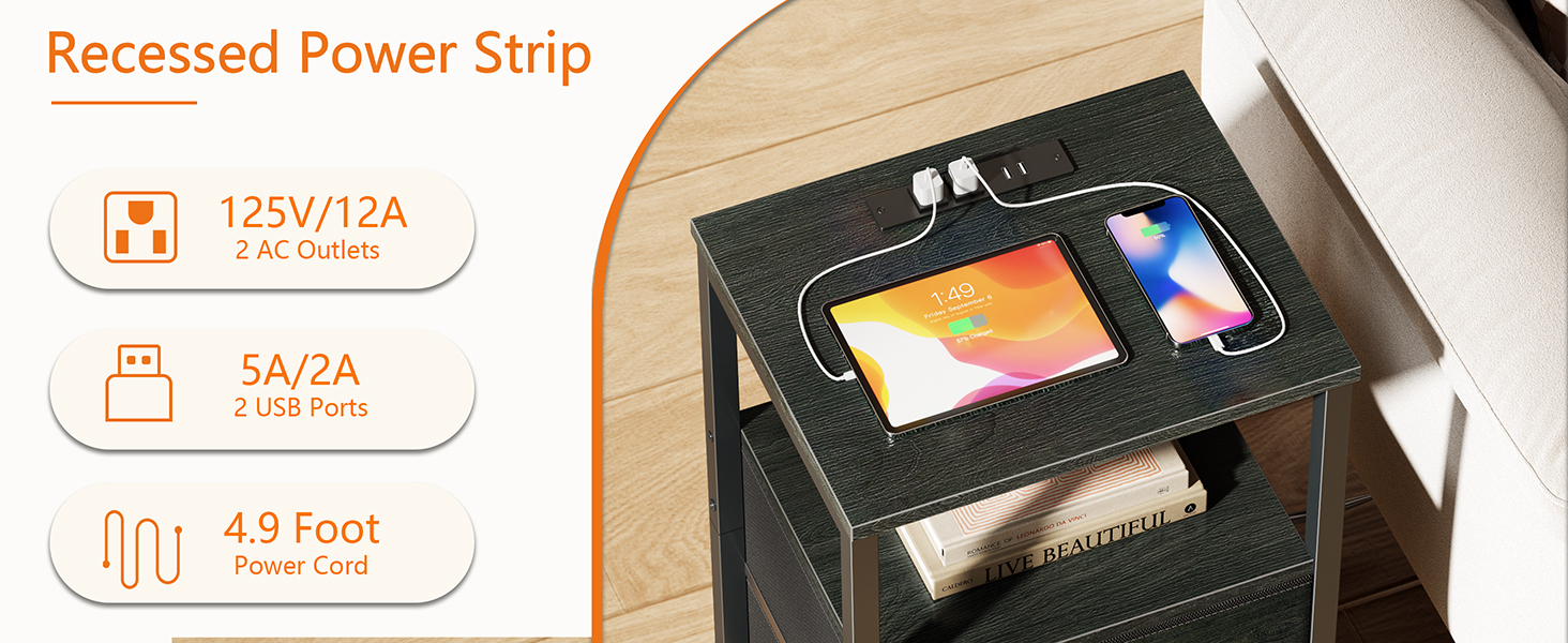 bedside table with outlets