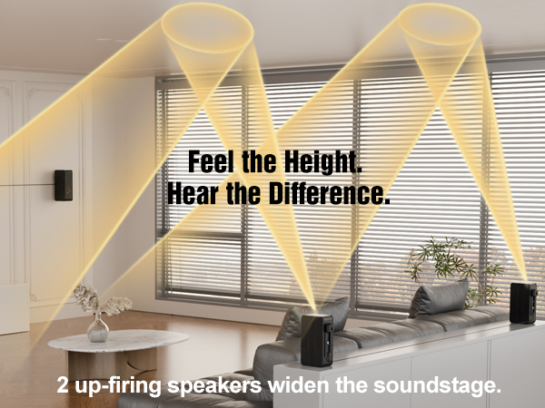TV Sound bars system with 2 up-firing speakers widen the soundstage.