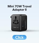 MOMAX Mini Universal Travel Adapter, GaN 70W International Power Adapter, 2 AC, 3 USB-C PD Fast C...