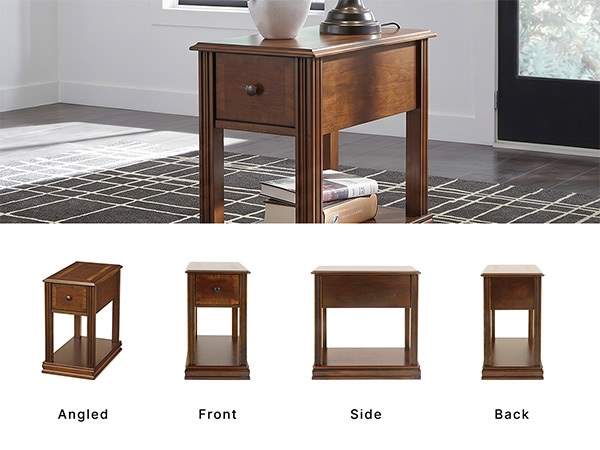 Lower fixed shelf of the narrow end table holding a woven storage basket and decorative items