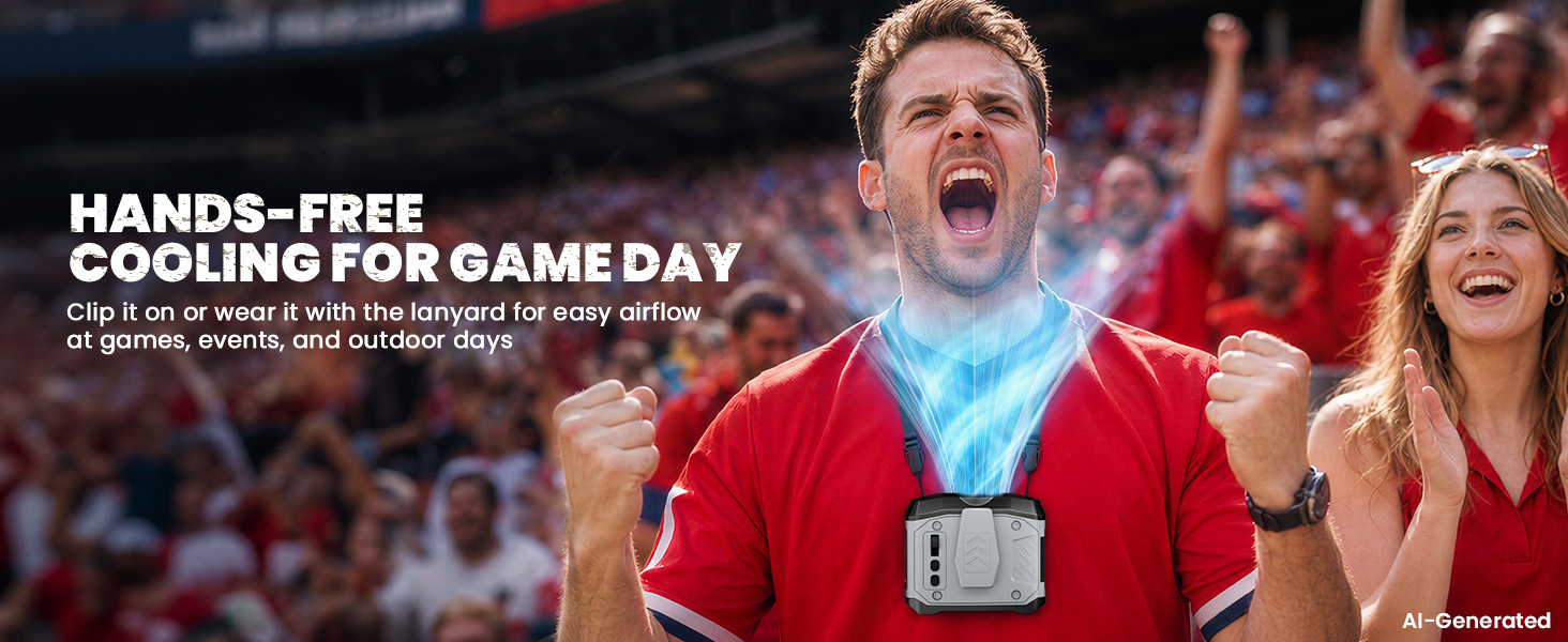Man wearing a portable waist fan for hands-free cooling at a game