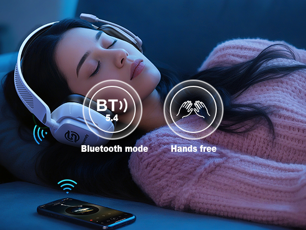 Text reads 'BT', 'Bluetooth mode', 'Hands free'. Advertisement showing wireless headphones with connection icons and smartphone on blue background.