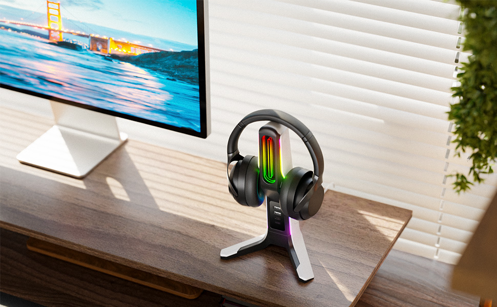IFYOO RGB Gaming Headset Stand with USB Hub, Game Headphone Mount for PC Computer, Xbox One, PS5