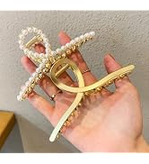 2 Pack Matte Gold and Pearl Hair Claws for Women: Large Metal Clips with Pearls for Thick Hair - ...