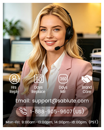 Smiling headset representative with Sablute product care and contact information.