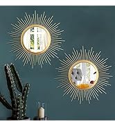 2 Set 15.7''Sunburst Gold Mirrors for Wall Metal Mirrors Home Décor Decorative Mirrors Hanging St...