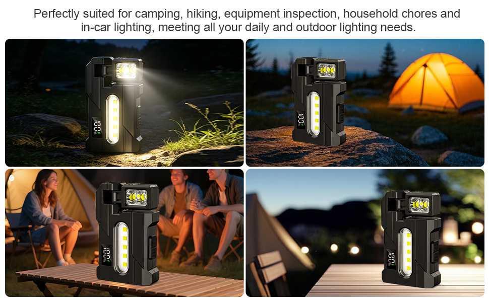 Text reads 'Perfectly suited for camping, hiking, equipment inspection, household chores and local lighting. Ideal for day and outdoor lighting needs.' Black lantern shown in four usage scenarios: outdoor camping, nighttime tent camping, around campfire with people, and nighttime landscape.