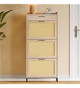 iabifo Thin Rattan Shoe Storage Cabinet with 3 Flip Drawers &amp; Drawer, Narrow Freestanding Entrywa...