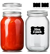 ComSaf Wide Mouth Mason Jars 32 oz with Lids 2 Pcs, Quart Mason Jars with Seal Band, Large Glass ...