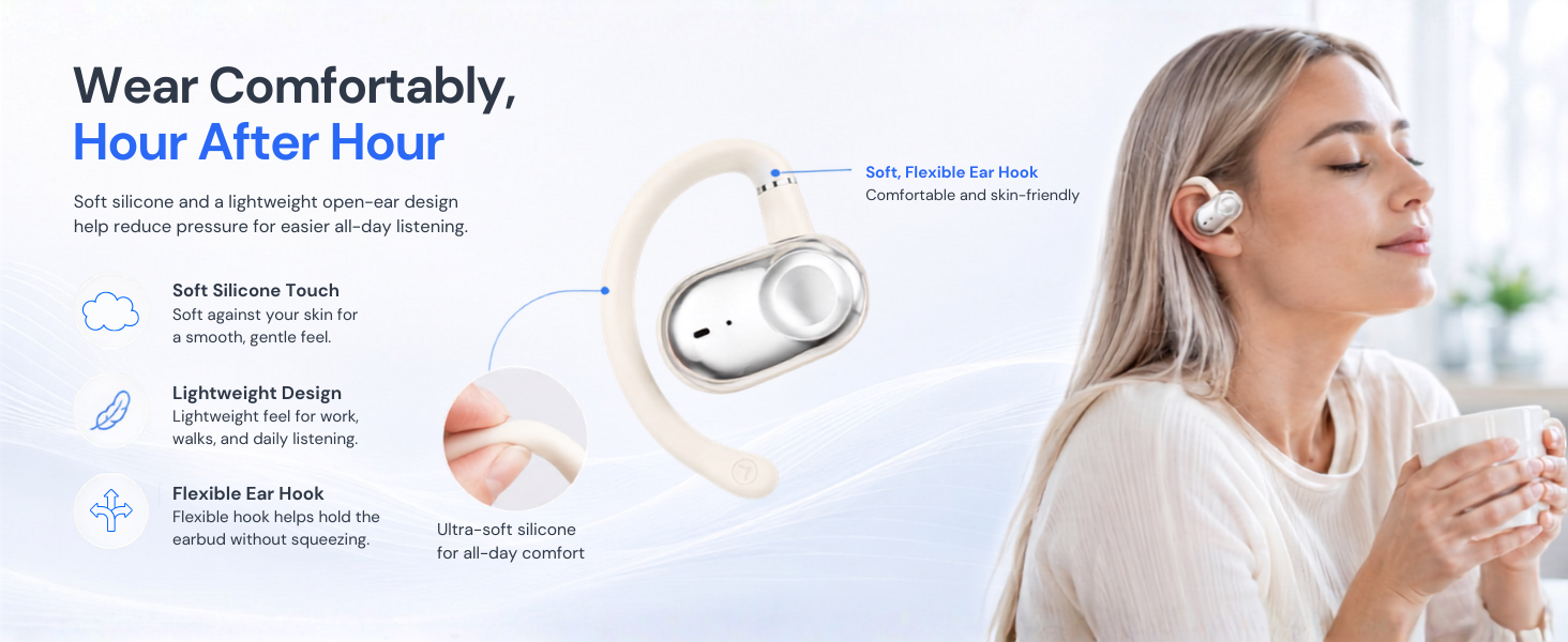Soft silicone ear hooks for lightweight all-day comfort