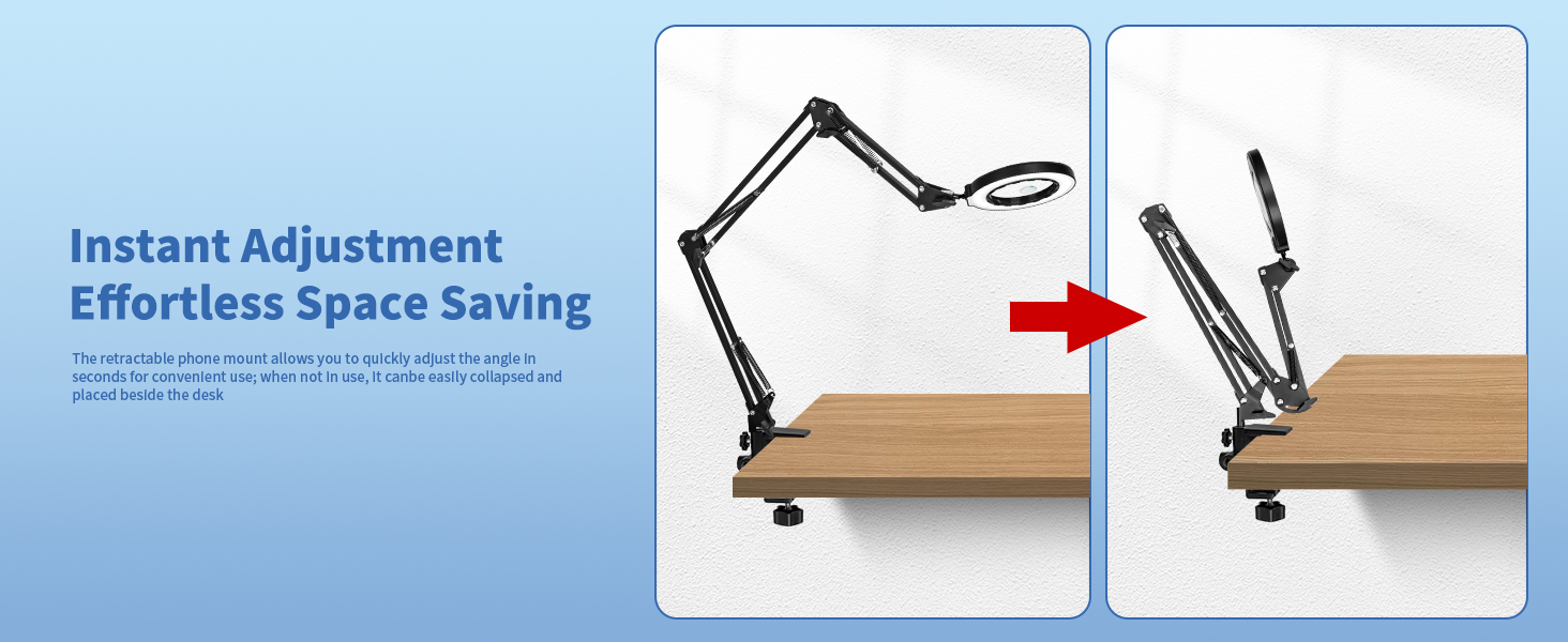 Extra long 3-section arm magnifying work light 10x magnifying glass with light and stand